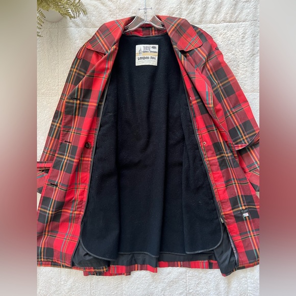 London Fog Red Plaid Trench Coat with Belt - Picture 3 of 12